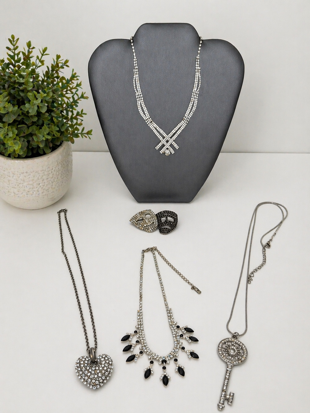 Rhinestone Statement Necklace Key Heart Bib Brooch Silver Tone Jewelry 5-Pc Lot